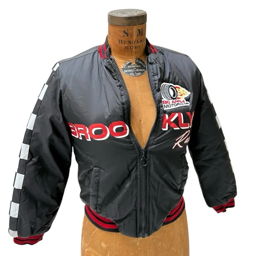 GIRLS Brooklyn Racing Moto Bomber Jacket Puffer‎ Black Red Patches Grunge Sporty